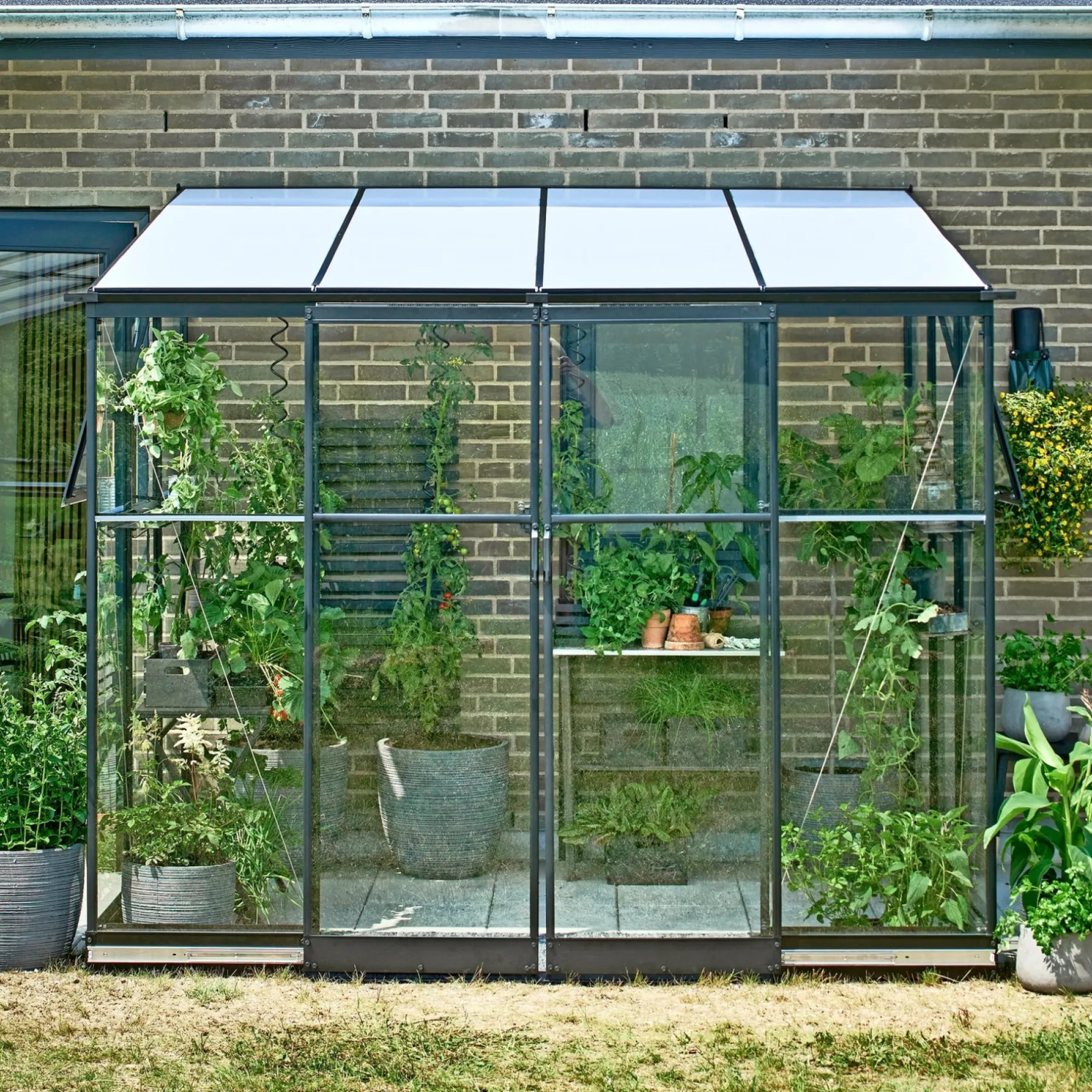 Sale Halls QUBE LEAN-TO 68 VÆGDRIVHUS 3 MM HÆRDET GLAS SORT 4,7 M2